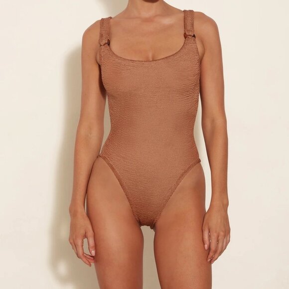 Hunza G Other - NEW Hunza G Metallic Cocoa Domino One Piece Swimsuit Brown Tan Swimwear Crinkle